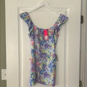 Floral Off-Shoulder Dress in Purple and Green